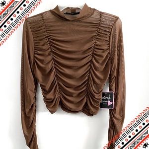 Mixed Threads (juniors) ruched mesh long sleeve top, brown